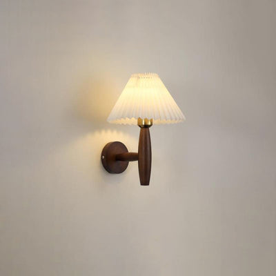 Contemporary Nordic Round Cylinder Pleated Fabric Wood 1-Light Wall Sconce Lamp For Bedroom