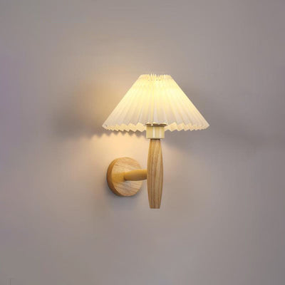 Contemporary Nordic Round Cylinder Pleated Fabric Wood 1-Light Wall Sconce Lamp For Bedroom