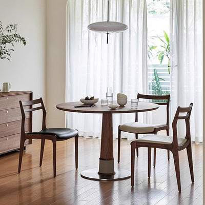 Contemporary Retro Round Walnut Saddle Leather Stainless Steel Dining Table & Chair Set For 2/4/6/8 Seats