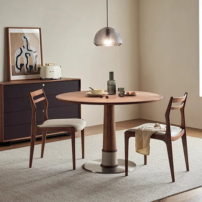 Contemporary Retro Round Walnut Saddle Leather Stainless Steel Dining Table & Chair Set For 2/4/6/8 Seats