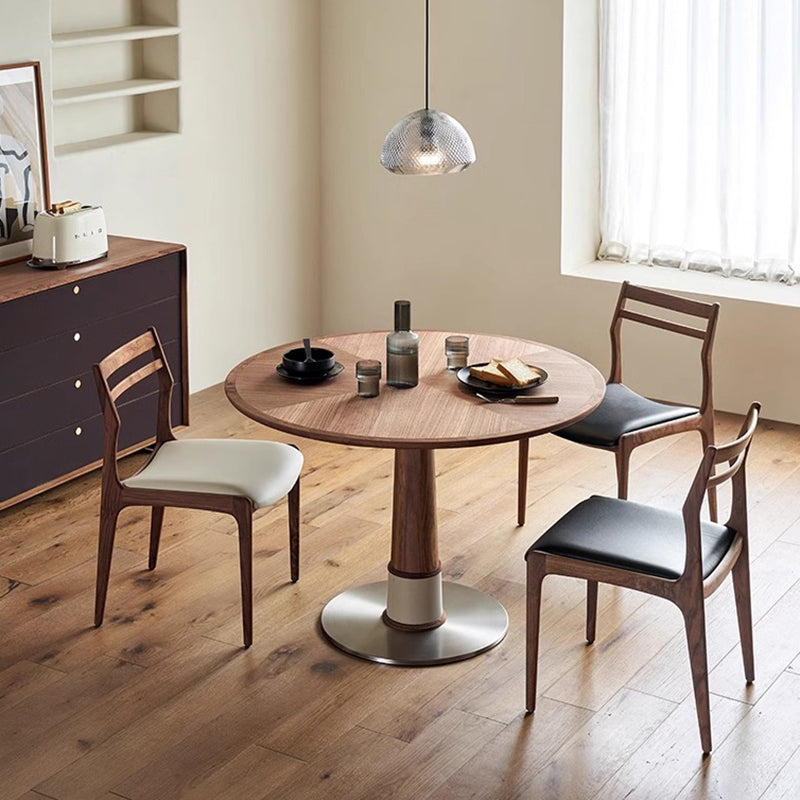 Contemporary Retro Round Walnut Saddle Leather Stainless Steel Dining Table & Chair Set For 2/4/6/8 Seats