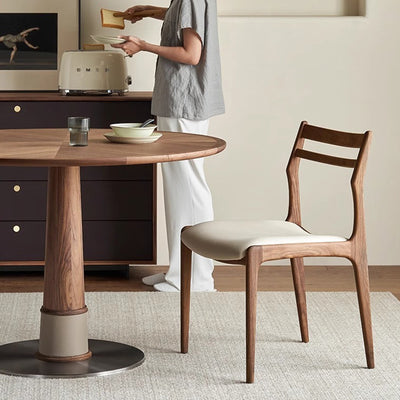 Contemporary Retro Round Walnut Saddle Leather Stainless Steel Dining Table & Chair Set For 2/4/6/8 Seats