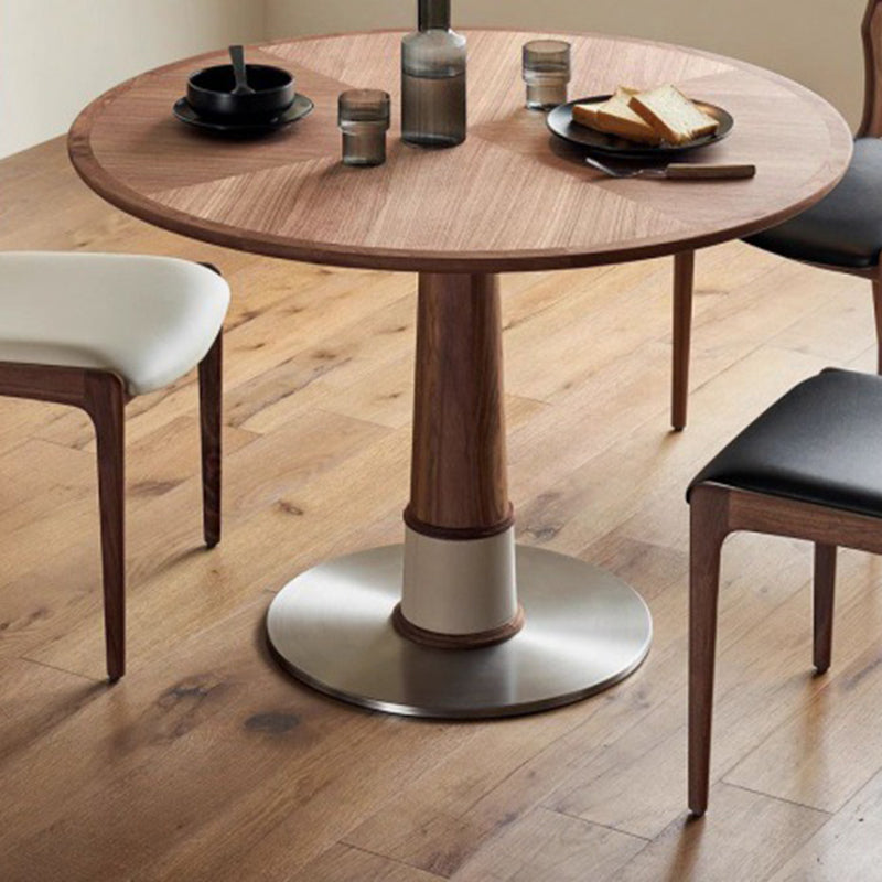 Contemporary Retro Round Walnut Saddle Leather Stainless Steel Dining Table & Chair Set For 2/4/6/8 Seats