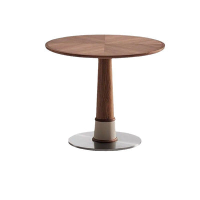 Contemporary Retro Round Walnut Saddle Leather Stainless Steel Dining Table & Chair Set For 2/4/6/8 Seats