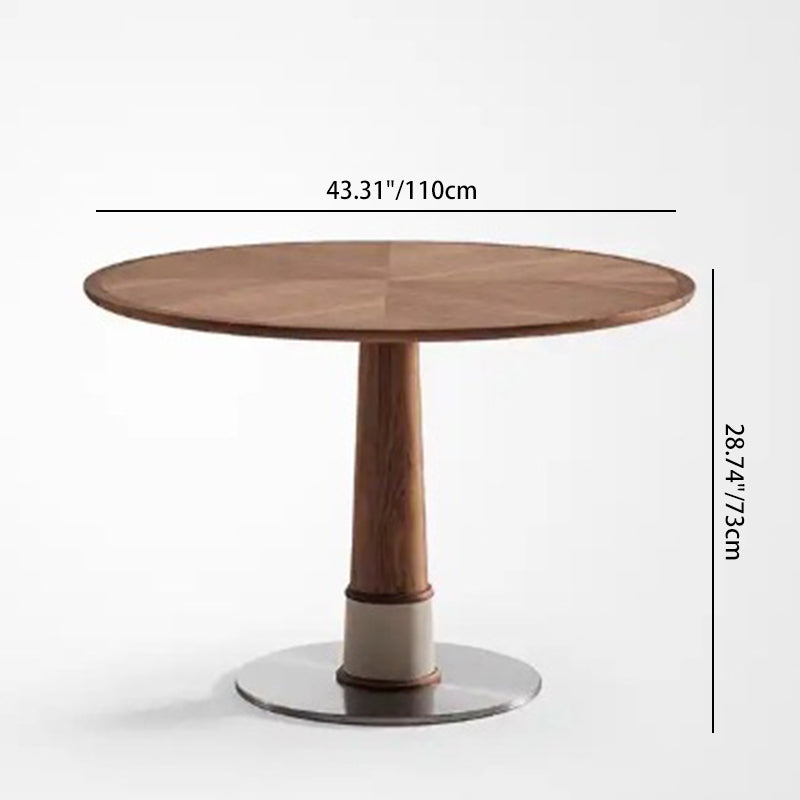 Contemporary Retro Round Walnut Saddle Leather Stainless Steel Dining Table & Chair Set For 2/4/6/8 Seats