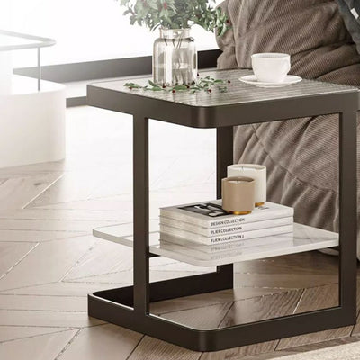 Modern Minimalist Square Rectangular Iron Frame Glass Rock Slab Tabletop End Table 2-Tier For Living Room