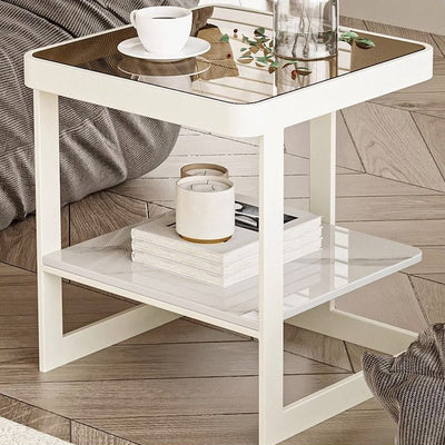 Modern Minimalist Square Rectangular Iron Frame Glass Rock Slab Tabletop End Table 2-Tier For Living Room