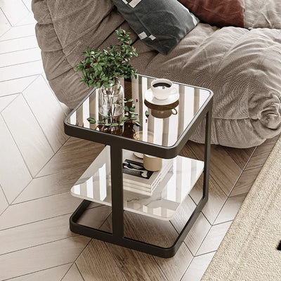 Modern Minimalist Square Rectangular Iron Frame Glass Rock Slab Tabletop End Table 2-Tier For Living Room