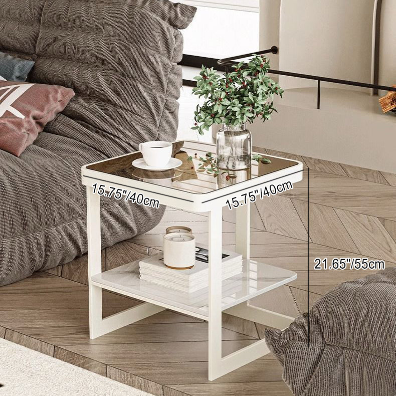 Modern Minimalist Square Rectangular Iron Frame Glass Rock Slab Tabletop End Table 2-Tier For Living Room