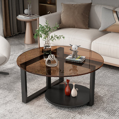 Modern Minimalist Round Iron Frame Glass Table Top Coffee Table 2-Tier For Living Room