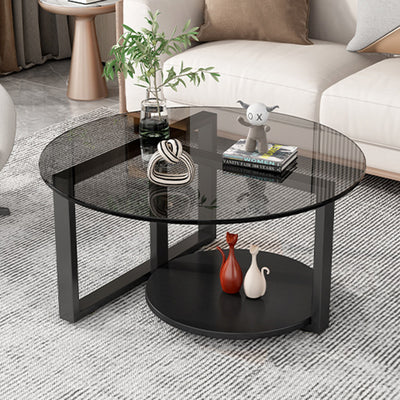 Modern Minimalist Round Iron Frame Glass Table Top Coffee Table 2-Tier For Living Room