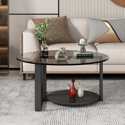 Modern Minimalist Round Iron Frame Glass Table Top Coffee Table 2-Tier For Living Room