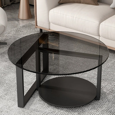 Modern Minimalist Round Iron Frame Glass Table Top Coffee Table 2-Tier For Living Room