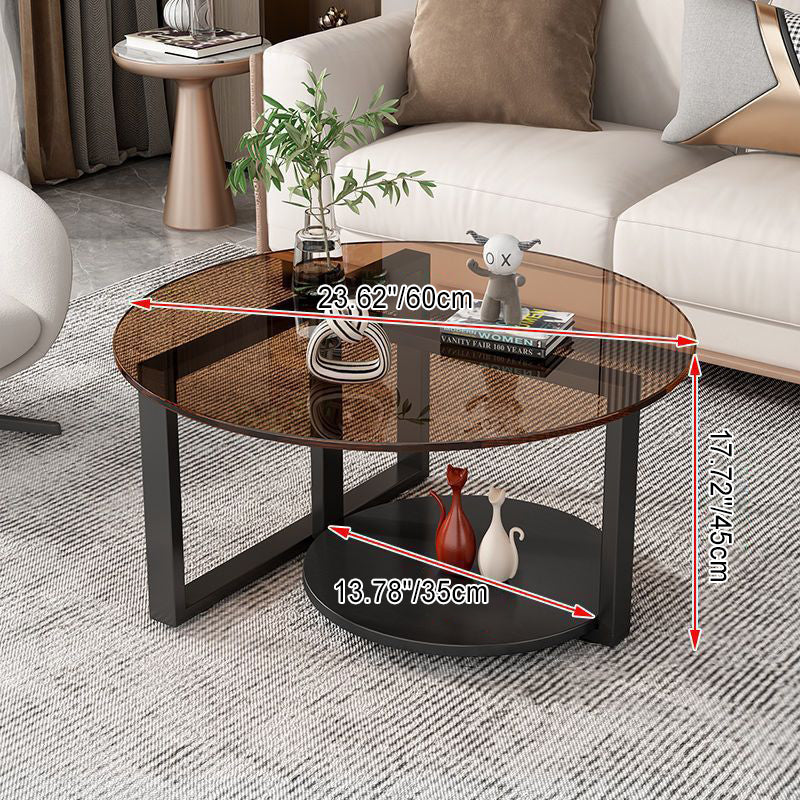 Modern Minimalist Round Iron Frame Glass Table Top Coffee Table 2-Tier For Living Room