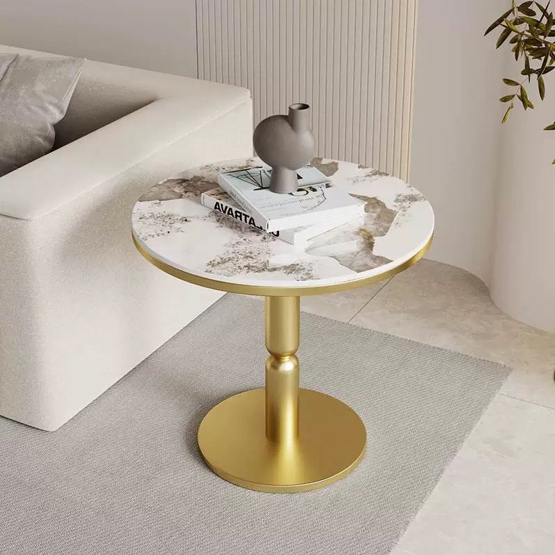 Contemporary Nordic Round Cylindrical Rock Slab Tabletop Carbon Steel Base Coffee Table For Living Room