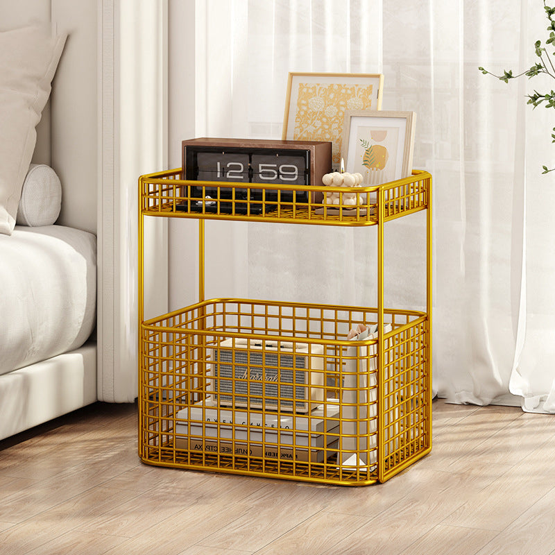 Modern Minimalist Rectangular Hollowed Out Iron Frame End Table 2-Storage For Living Room