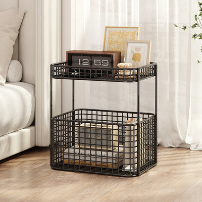 Modern Minimalist Rectangular Hollowed Out Iron Frame End Table 2-Storage For Living Room