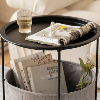 Modern Minimalist Round Iron Fabric End Table 1-Shelf 1-Storage For Living Room