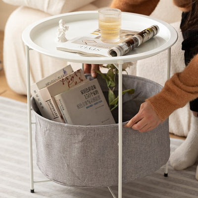 Modern Minimalist Round Iron Fabric End Table 1-Shelf 1-Storage For Living Room