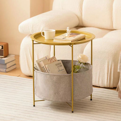 Modern Minimalist Round Iron Fabric End Table 1-Shelf 1-Storage For Living Room