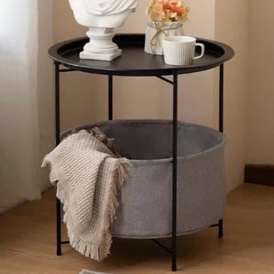 Modern Minimalist Round Iron Fabric End Table 1-Shelf 1-Storage For Living Room