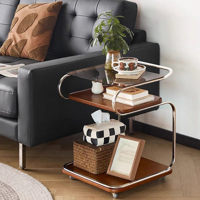 Contemporary Retro Reinforced Glass Density Board Iron Square Side Table 3-Tier Movable For Living Room