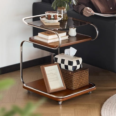 Contemporary Retro Reinforced Glass Density Board Iron Square Side Table 3-Tier Movable For Living Room