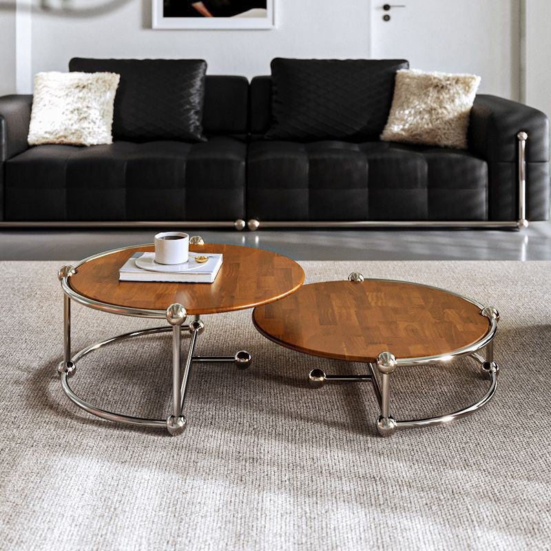 Contemporary Retro Wood Stainless Steel Round Coffee Table Combination 2-Tray For Living Room