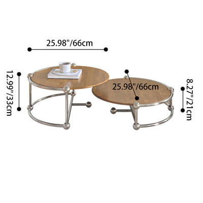 Contemporary Retro Wood Stainless Steel Round Coffee Table Combination 2-Tray For Living Room