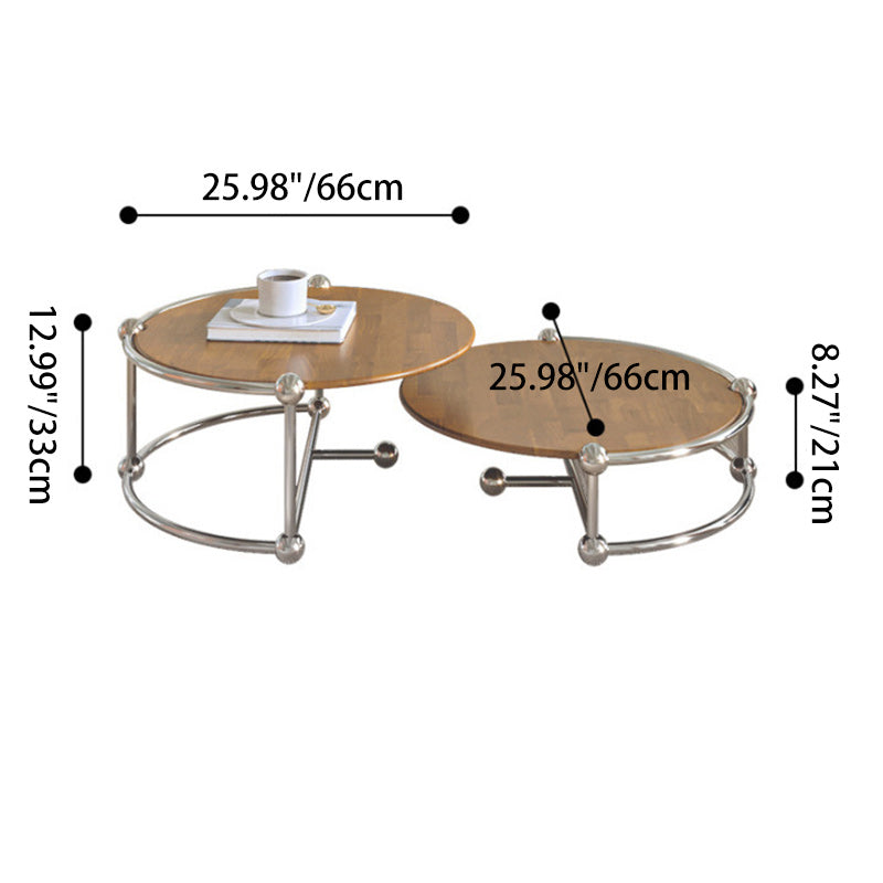 Contemporary Retro Wood Stainless Steel Round Coffee Table Combination 2-Tray For Living Room