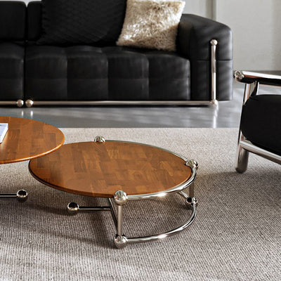 Contemporary Retro Wood Stainless Steel Round Coffee Table Combination 2-Tray For Living Room