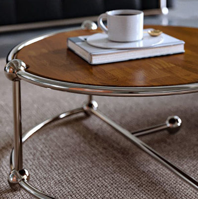 Contemporary Retro Wood Stainless Steel Round Coffee Table Combination 2-Tray For Living Room