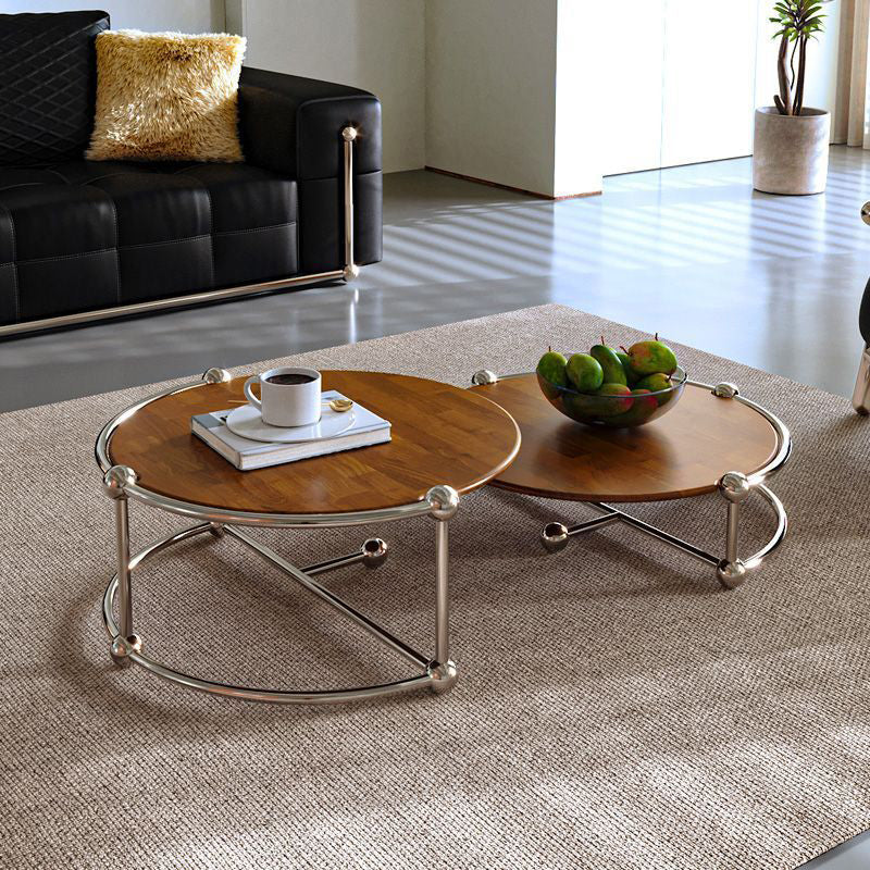 Contemporary Retro Wood Stainless Steel Round Coffee Table Combination 2-Tray For Living Room