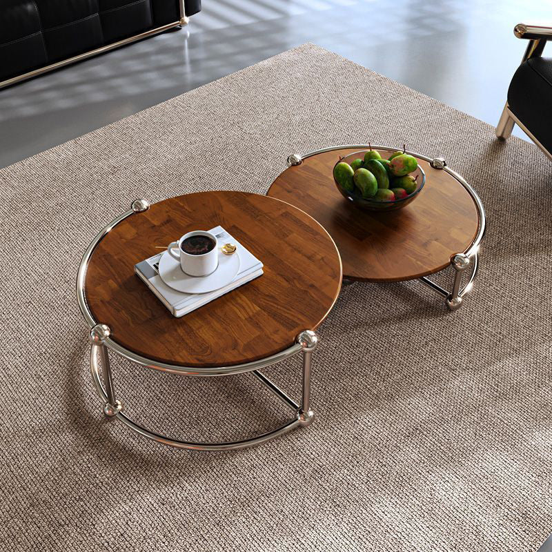 Contemporary Retro Wood Stainless Steel Round Coffee Table Combination 2-Tray For Living Room