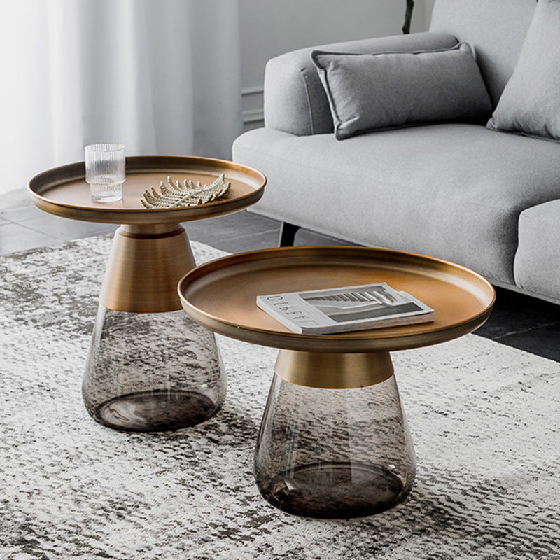 Contemporary Scandinavian Round Drop Metal Glass Coffee Table 1-Tray Storage For Living Room