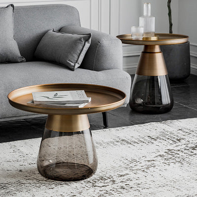 Contemporary Scandinavian Round Drop Metal Glass Coffee Table 1-Tray Storage For Living Room