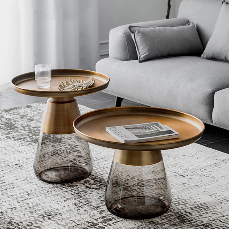 Contemporary Scandinavian Round Drop Metal Glass Coffee Table 1-Tray Storage For Living Room