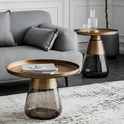 Contemporary Scandinavian Round Drop Metal Glass Coffee Table 1-Tray Storage For Living Room