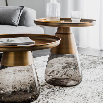 Contemporary Scandinavian Round Drop Metal Glass Coffee Table 1-Tray Storage For Living Room