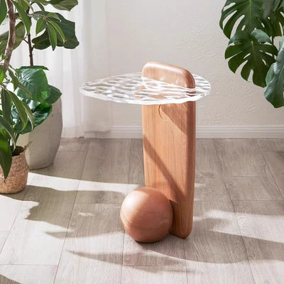 Zeitgenössischer nordischer runder Ball Ripple Plexiglas Eichen-Couchtisch 1-Tablett für Wohnzimmer 