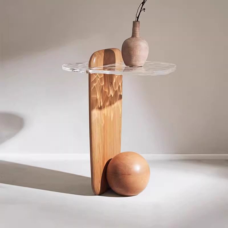 Zeitgenössischer nordischer runder Ball Ripple Plexiglas Eichen-Couchtisch 1-Tablett für Wohnzimmer 