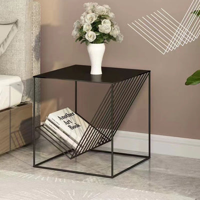 Contemporary Scandinavian Iron Carbon Steel Cube Geometrical End Table 1-Shelf For Living Room