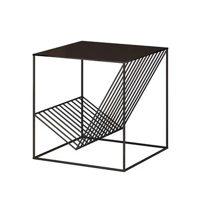 Contemporary Scandinavian Iron Carbon Steel Cube Geometrical End Table 1-Shelf For Living Room