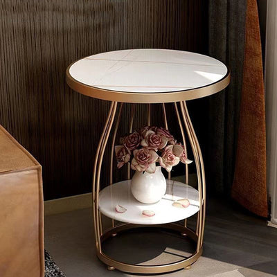 Contemporary Nordic Slate Iron Round Line Side Table 2-Tier For Living Room