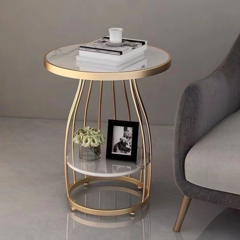 Contemporary Nordic Slate Iron Round Line Side Table 2-Tier For Living Room