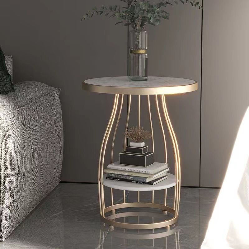 Contemporary Nordic Slate Iron Round Line Side Table 2-Tier For Living Room