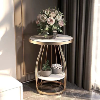 Contemporary Nordic Slate Iron Round Line Side Table 2-Tier For Living Room