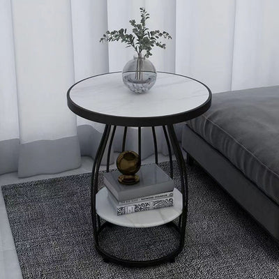 Contemporary Nordic Slate Iron Round Line Side Table 2-Tier For Living Room