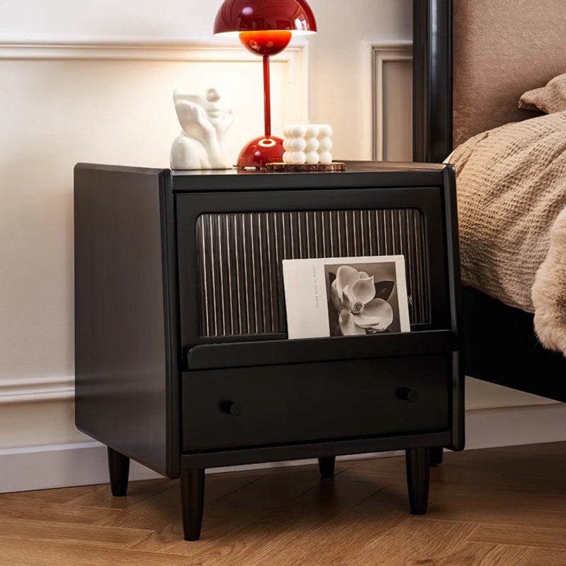 Traditional French Wood Striped Glass Rectangular Nightstand 1-Drawer Storage For Bedside