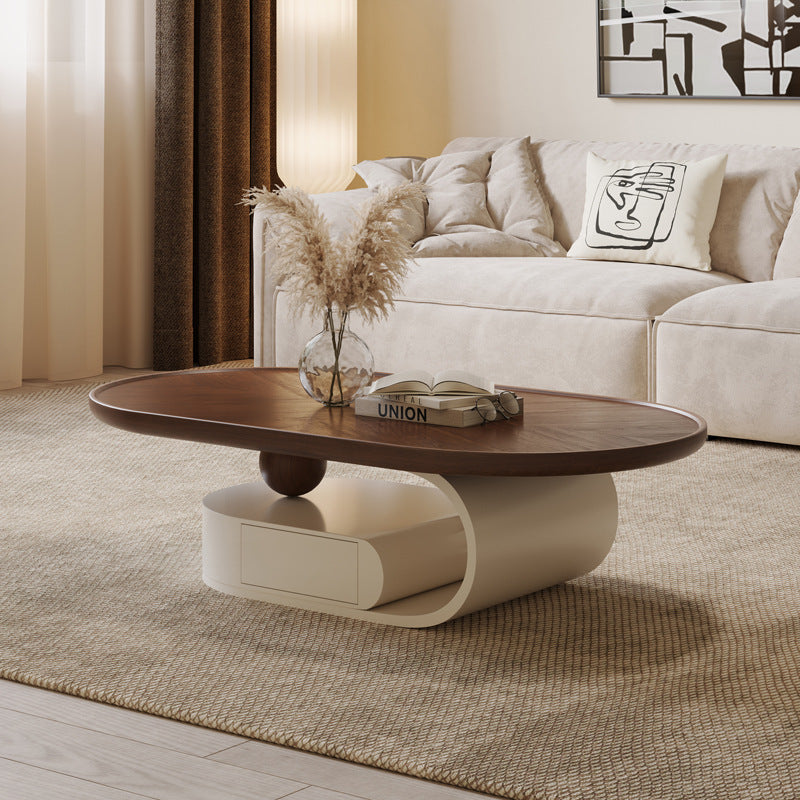 Contemporary Nordic Solid Wood Elliptical Wood Grain Coffee Table 1-Drawer For Living Room